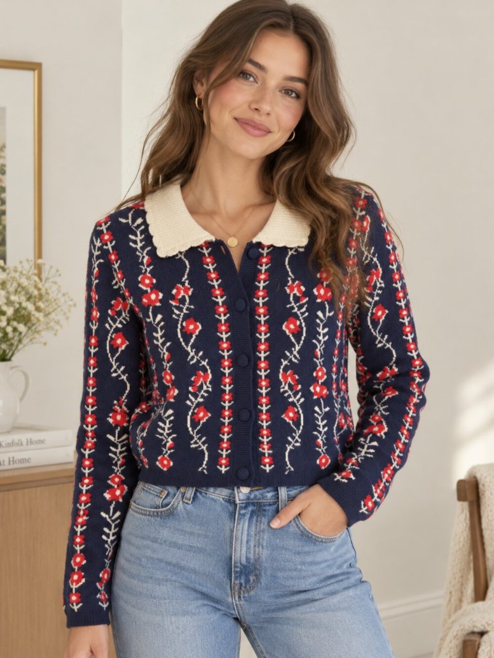 NWT Sincerely Jules Navy Red Floral Knit Cardigan Sz. M Cottagecore